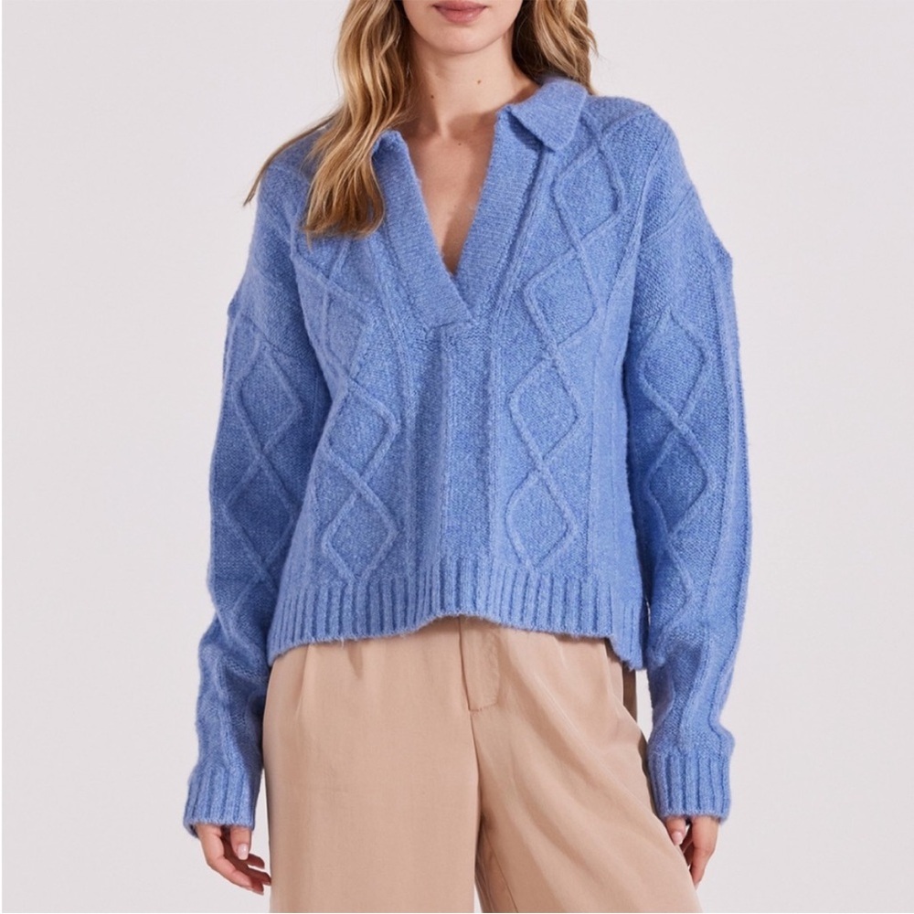 Staples The Label Brixton Preppy V-Neck Sky Blue Cable Knit PoloSweater